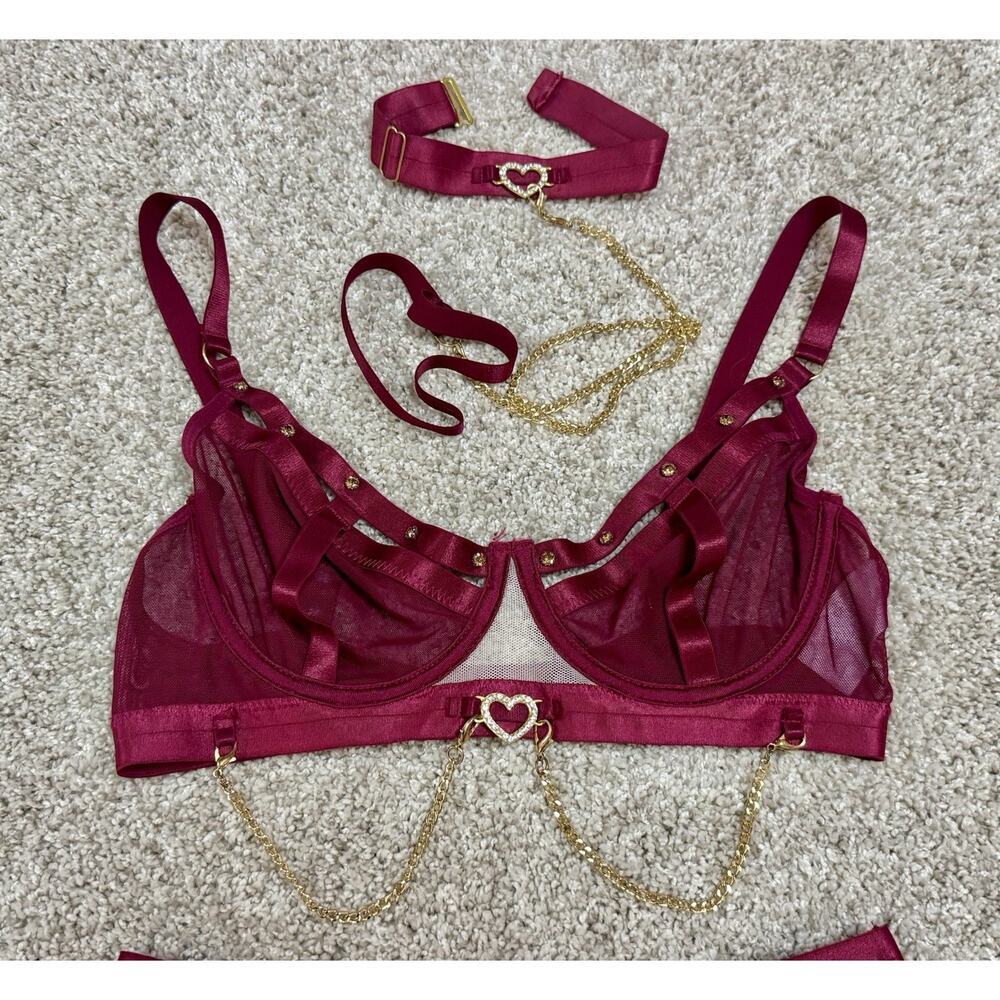 Burgundy 4pc Lace Rhinestone Heart Lingerie Set Robe Bra Garter Thong Choker M/L - Picture 7 of 10